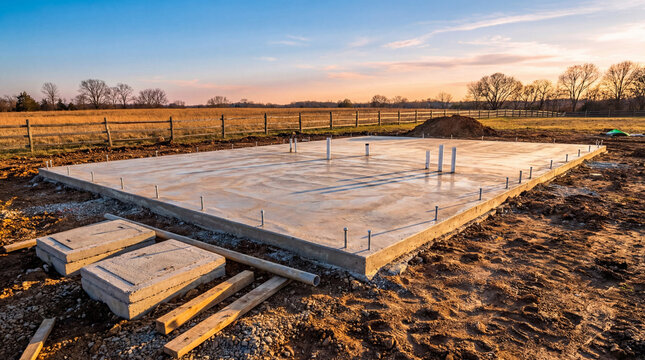 A freshly poured concrete slab house foundation awaiting construction, illuminated by the warm glow of sunset