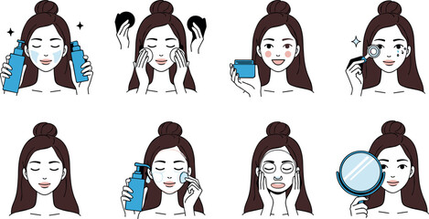 Set of woman performing skin care routine steps including cleansing moisturizing applying face mask and using mirror flat vector illustration isolated