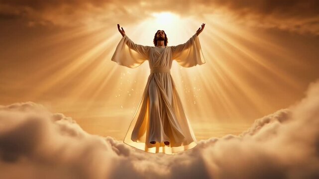 Jesus Christ Ascending to Heaven with Outstretched Arms Amidst Heavenly Clouds and Radiant Light, Symbolizing Second Coming and Divine Majesty