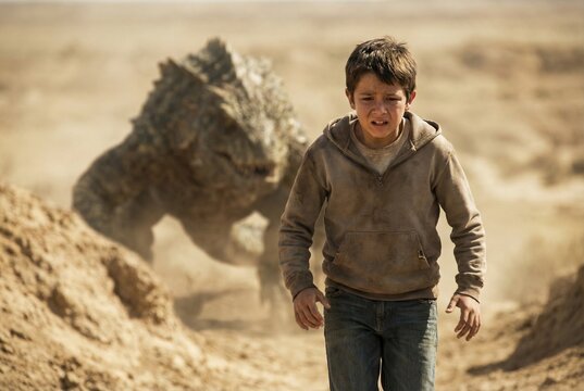 Young boy terrified running away from large reptilian creature through dusty desert terrain