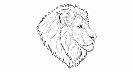 Detailed black and white line drawing of a male lion's head in profile