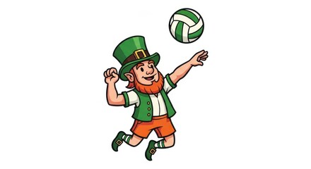 Cartoon leprechaun playing volleyball.