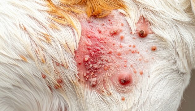 Close-up of a dogs skin with a severe allergic reaction, showing red, inflamed bumps and hair loss.
