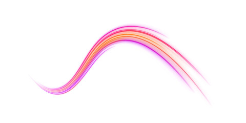 Obraz premium Orange and purple neon ribbons curve smoothly in a PNG composition. Tiny glowing particles follow the paths. Perfect overlay for futuristic, tech, or sci-fi designs.