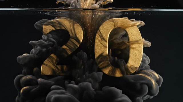 In a serene aquatic environment, fluid black and gold ink merges beautifully, forming a stunning visualization of the number twenty. The interplay of colors captivates with each swirl.