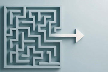 Minimalist conceptual image featuring an intricate three-dimensional maze in light bluish-gray on the left, with a clean white arrow emerging from its right side pointing outward