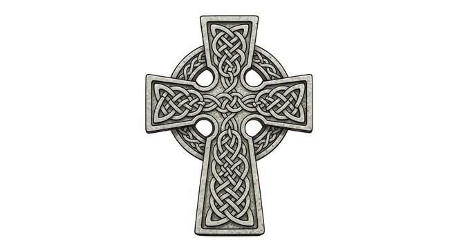 Intricately designed stone Celtic cross on white background.