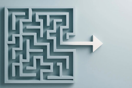 Minimalist conceptual image featuring an intricate three-dimensional maze in light bluish-gray on the left, with a clean white arrow emerging from its right side pointing outward