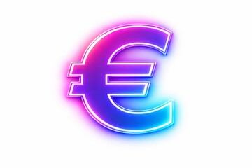 Obraz premium Glowing neon euro symbol in vibrant pink and blue hues on a clean white background