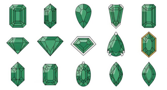 Various green gemstones in different cuts and shapes.