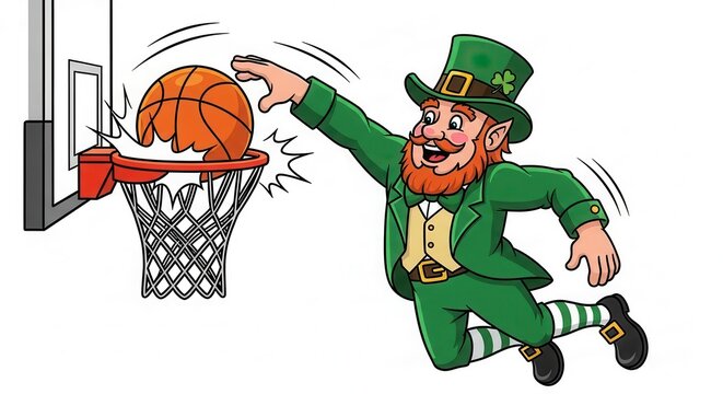 Cartoon leprechaun dunking a basketball.