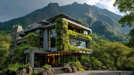 Green Architecture Blends with Majestic Mountain Landscape generated by AI