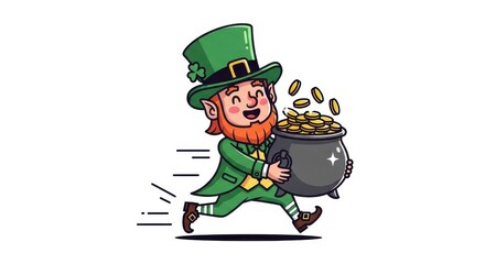 Joyful leprechaun running with a pot of gold.