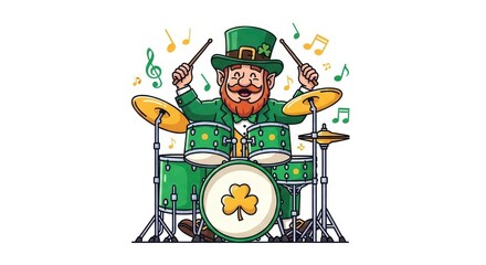 Happy leprechaun playing drums with joy.