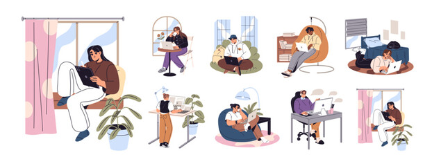 Set of people working online from cafe or home office. Students study with distance education. Freelance workplaces. Men and women with laptops, computers. Flat isolated vector illustrations on white