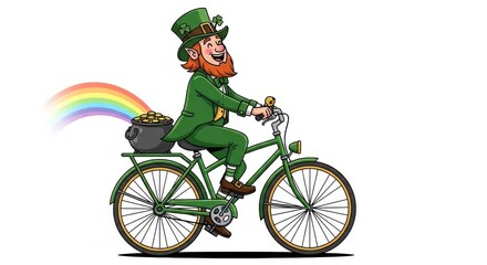 Cheerful leprechaun riding a bicycle with a pot of gold.