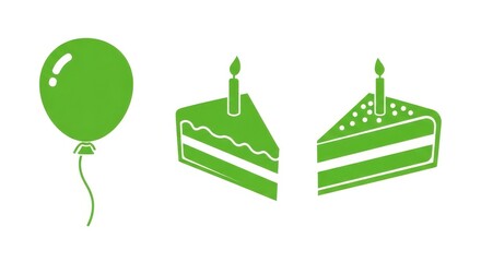 Green icons of birthday cake and balloon.