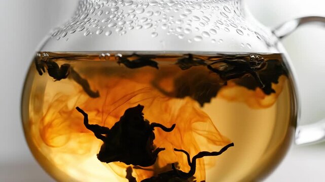 Tea leaves steeping in clear glass teapot, releasing color and aroma into warm water, showcasing the infusion process in a bright, well-lit kitchen setting