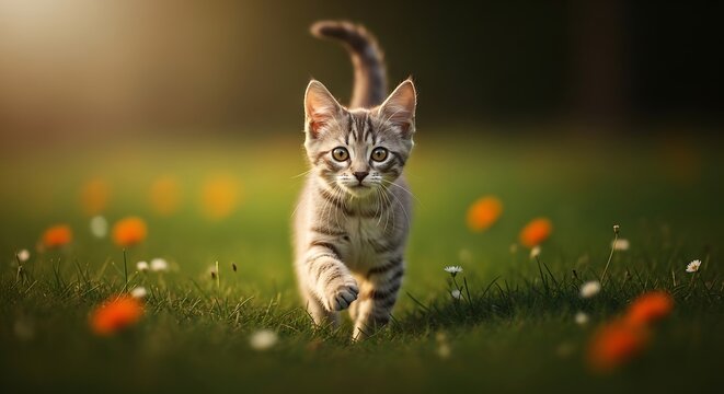 A playful tabby cat running through a field of flowers on a sunny day