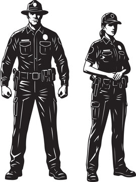  Two security guard silhouettes standing alert, isolated vector