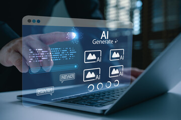 Business person using generative AI interface on laptop to create digital images. Futuristic...