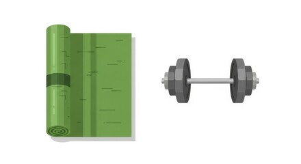 Illustration of a yoga mat and a dumbbell side by side.