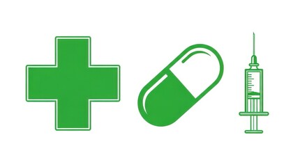 Green medical symbols: cross, pill, and syringe.