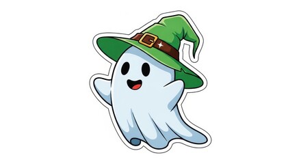 Cute cartoon ghost with a wizard hat on.