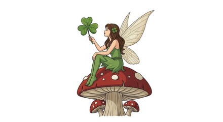 Fairy in green sitting on a red mushroom.