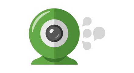 Green cartoon webcam with speech bubbles.