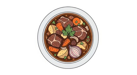 Illustration of a hearty beef stew in a bowl.