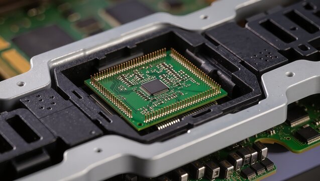 Close up of green PCB with square microchip and gold pins in socket, surrounded by capacitors and connectors, showing electronic assembly for computing and embedded systems