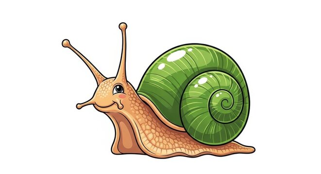 Cartoon snail with a vibrant, spiral green shell.