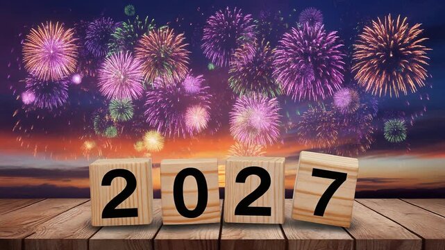 Festive New Year 2027 scene with four wooden blocks forming digits on wooden surface, colorful fireworks lighting twilight sky, sunset transitioning into night, celebratory atmosphere of new beginning