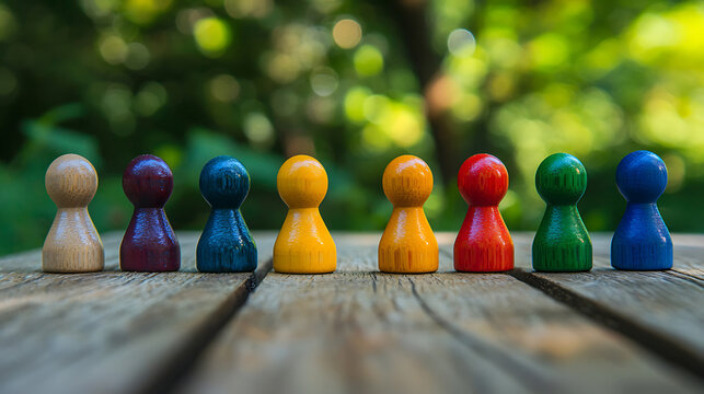 Colorful game pawns arranged in row on wooden table outdoors.