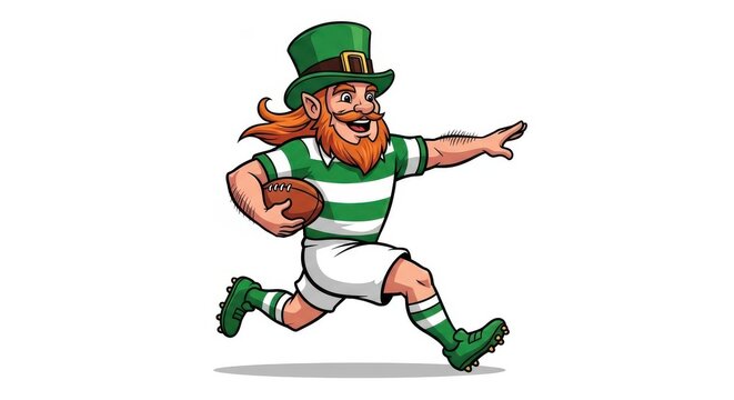 Cartoon leprechaun playing football energetically