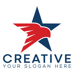 Obraz premium Patriotic Eagle Star Logo – American Red Blue Hawk Emblem Vector