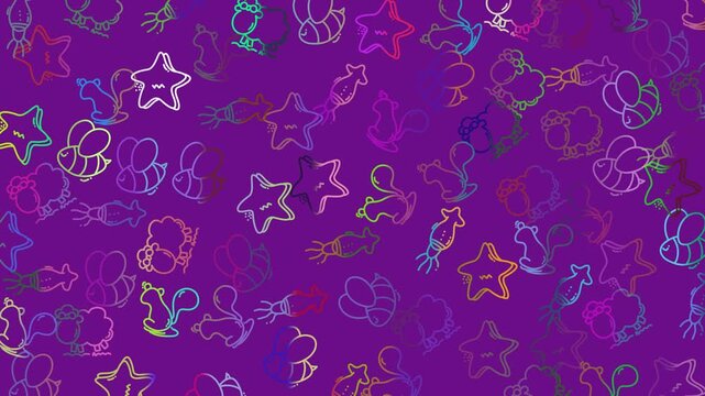Doodle animal pattern seamless colorful cute cartoon purple, ideal for children's backgrounds, playful designs, textiles, and digital art.
