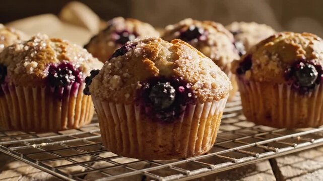 Golden Blueberry Muffins Cooling on a Rack