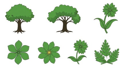 Illustration of trees and flowers with green leaves.