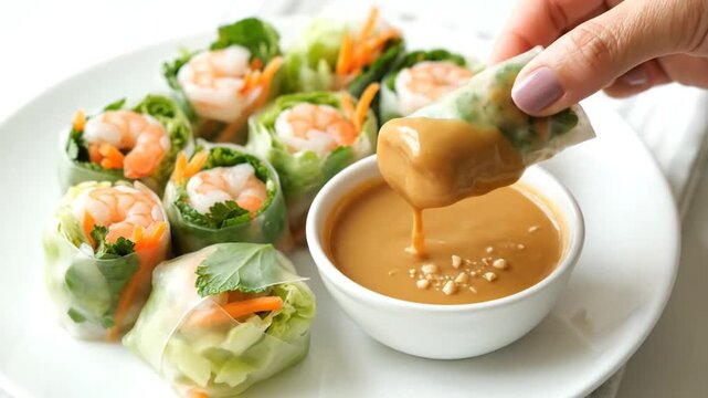Delicious shrimp spring rolls with peanut sauce