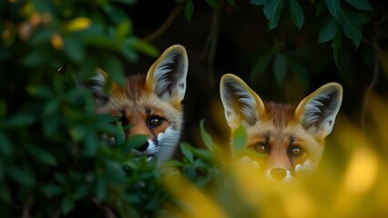 nitroglycerin. Two foxes peeking through dense foliage with playful expressions in golden light. wildlife magazines, conservation campaigns, designed for wildlife conservation campaigns.