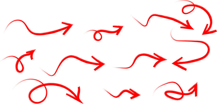 Collection of hand drawn red arrows pointing in various directions