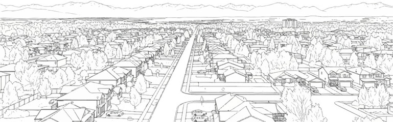 Obraz premium Aerial view of a suburban neighborhood with houses, trees, road, and mountains in background