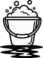 Black and white illustration of a bucket filled with suds and bubbles, with a puddle