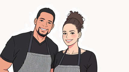 Fototapeta premium Two cooks stand close in a kitchen and smile while wearing black shirts and striped aprons during a cooking session.