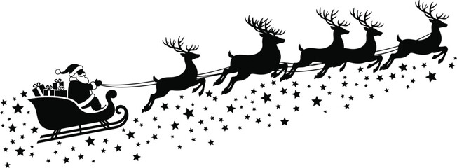 Black silhouette of Santa Claus in a sleigh pulled by flying reindeer through a starry sky isolated on white background for Christmas © Riya