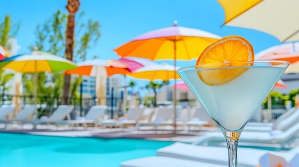 Obraz premium Summer poolside event featuring martini cocktails with orange zest garnish surrounded by lounge chairs vibrant umbrellas and a bright blue sky creating a luxurious vacation vibe