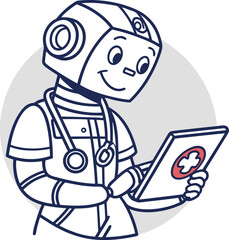 Obraz premium Friendly robotic astronaut holding a tablet with a medical cross icon