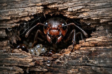 Close-up macro shot of ant emerging from decaying wood hole with dew droplets and eggs visible inside